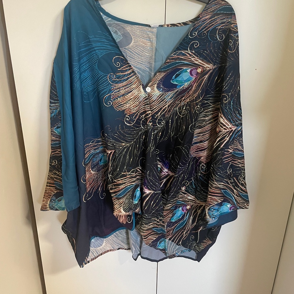 2 Piece Peacock Feather Print Women's Top and Pants XXL NWT